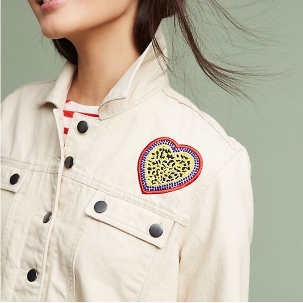 Maison Labiche Cream Jean Jacket with Heart Patch - Picture 2 of 9